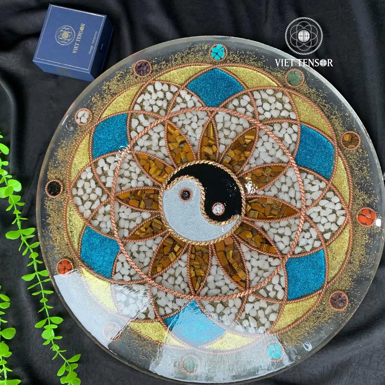 Large 60cm multi-frequency Life Flower orgonite slab – 7 Chakra crystal lattice – Yin-Yang symbol.